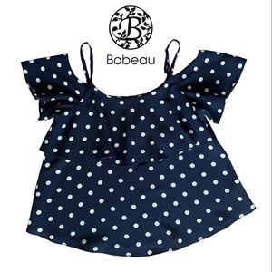 Bobeau Navy & White Polka Dot Flounce Blouse/ Size S/ exposed shoulders/ Spring!